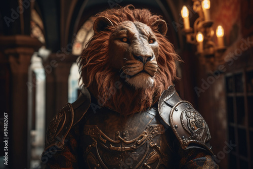 Portrait d'un lion chevalier en armure au temps du moyen age » IA générative photo