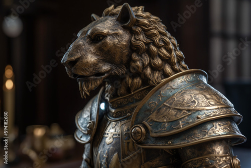 Statue d'un chevalier lion en armure » IA générative