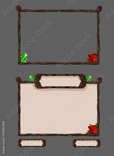Fantasy wooden facecam overlay border in brown wood color with green glowing crystal and a mystical red fruit gives magical natural vibe. Came be used by streamers who play games related to nature.