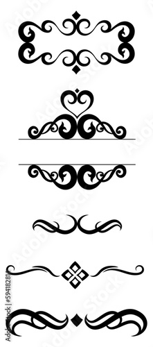 Collection of Ornamental Line separators and banners with S shaped designs. Set can be used as tribal tattoos or decoration on invitation cards for weddings and events.