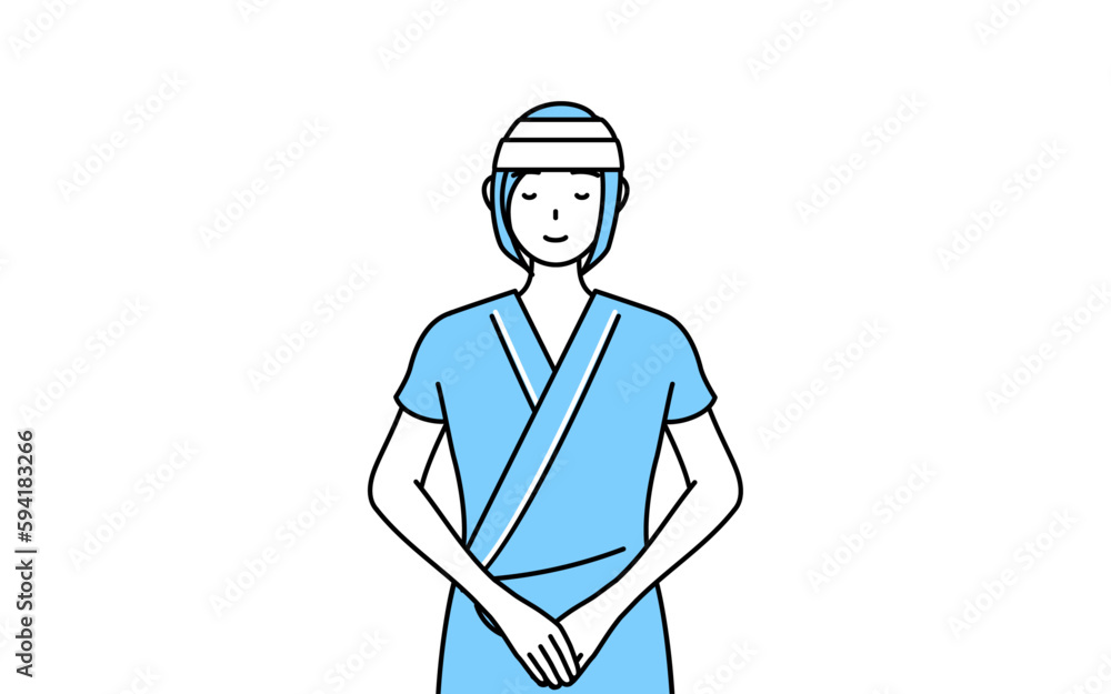 手を組んでお辞儀する頭に包帯を巻いた女性入院患者 Stock Vector | Adobe Stock