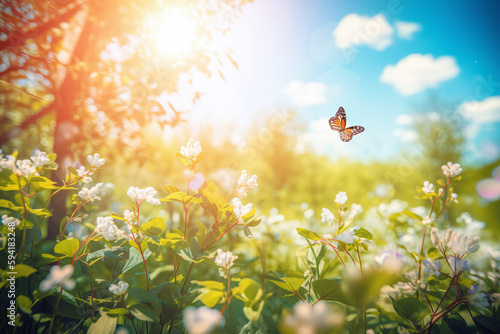 Portrait d'un papillon volant dans une prairie un jour de printemps » IA générative