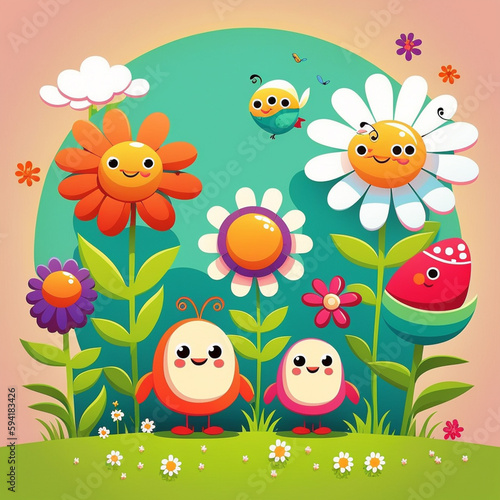 Happy easy cute cartoon illustration of a garden scene with a cute cartoon flower generative aI