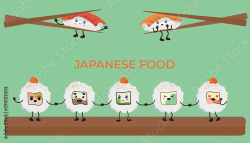 A set of vector icons of delicious colored sushi rolls in the style of kawaii. A collection of different flavors and varieties.