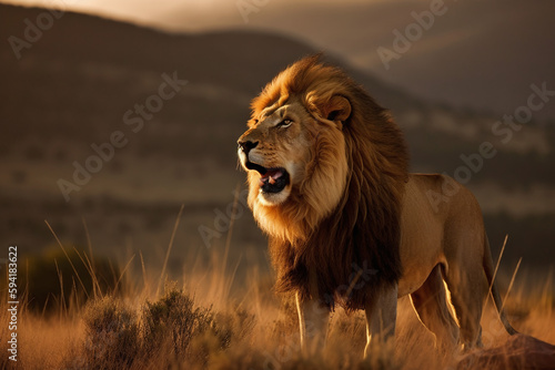 Portrait d'un lion qui rugit dans la savane » IA générative