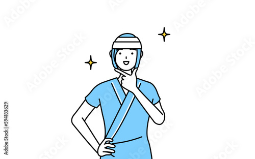 自信家のポーズを取る頭に包帯を巻いた女性入院患者