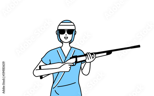 サングラスをかけてライフル銃を持つ頭に包帯を巻いた女性入院患者