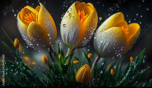 Bright cute spring crocuses in raindrops new quality universal colorful technology stock image illustration design generative ai