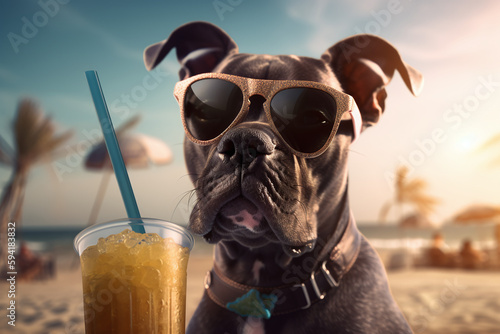 Portrait d'un chien bulldog buvant un cocktail sur la plage » IA générative © Maelgoa