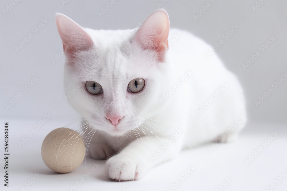 Portrait d'un chat blanc jouant avec une balle blanche » IA générative