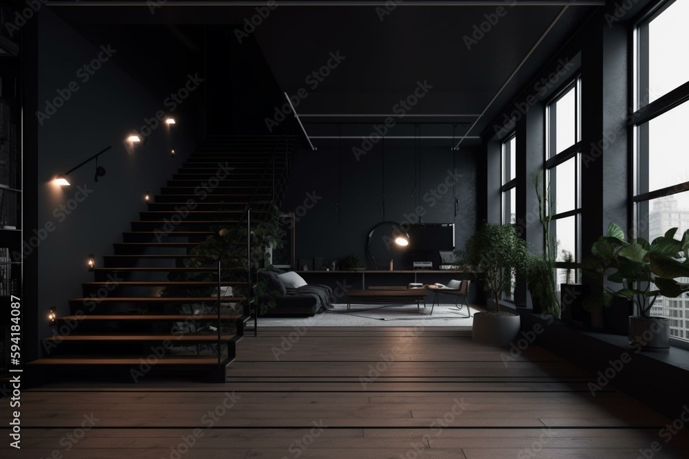 Modern dark home interior background, loft interior. Generative AI