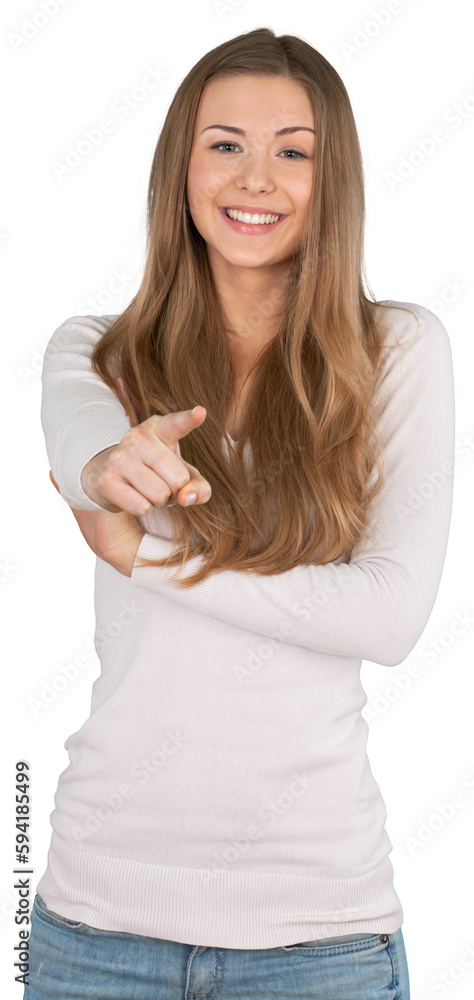 Smiling Woman Standing and Pointing Finger on You - Isolated Smiling Woman Standing and Pointing Finger on You - Isolated