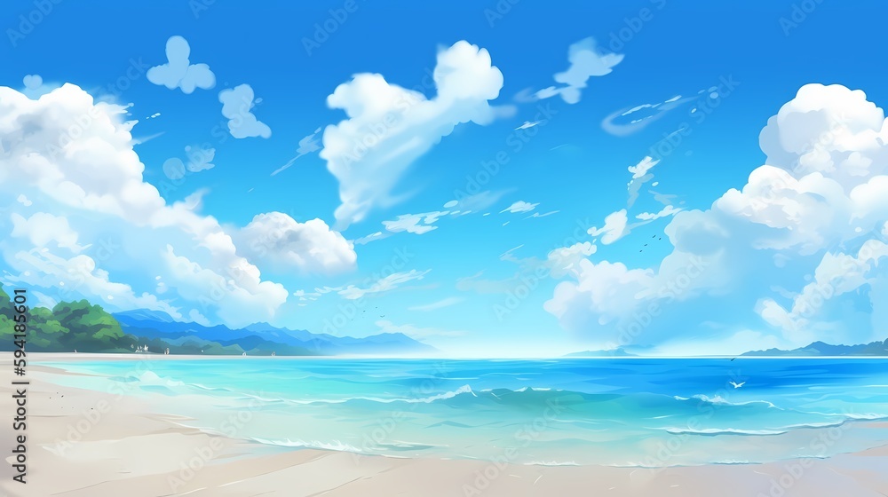 Fototapeta premium 青い海と空と雲の風景のアニメ風イラスト generative ai