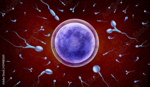 Sperm disorder and Male Infertility and reproduction concept as abnormal microscopic sperm or spermatozoa cells swimming towards an egg cell to fertilize as a urology symbol 