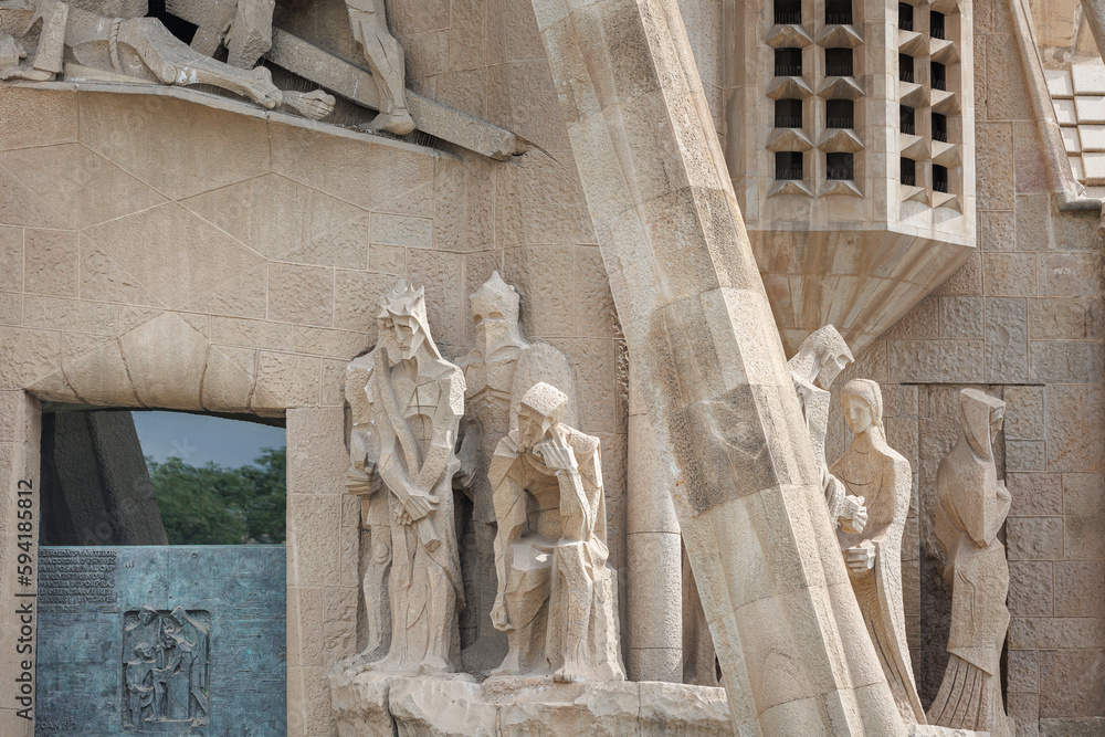 The statues on the Outer Facade of the Basilica of the Sagrada Familia, the Facade of Passion - Ecce Homo, Barcelona, Spain