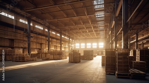 日が差し込む空の大型倉庫のイメージ generative ai