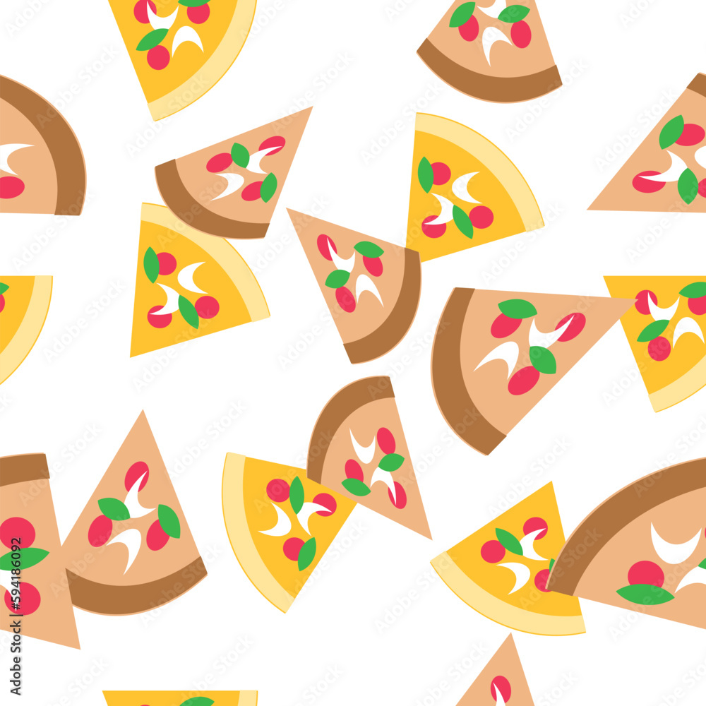 cartoon pizza pattern seamless repeat style, replete image design for fabric printing, fast food wallpaper