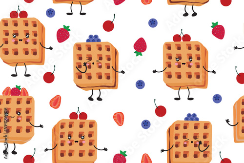 Seamless pattern with waffles and various fillings. Vector illustration of waffles in the style of kawaii, pastries for breakfast, sweet snacks.