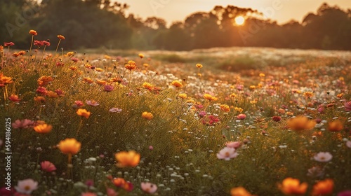 太陽と野原に咲くカラフルな花のイメージ generative ai