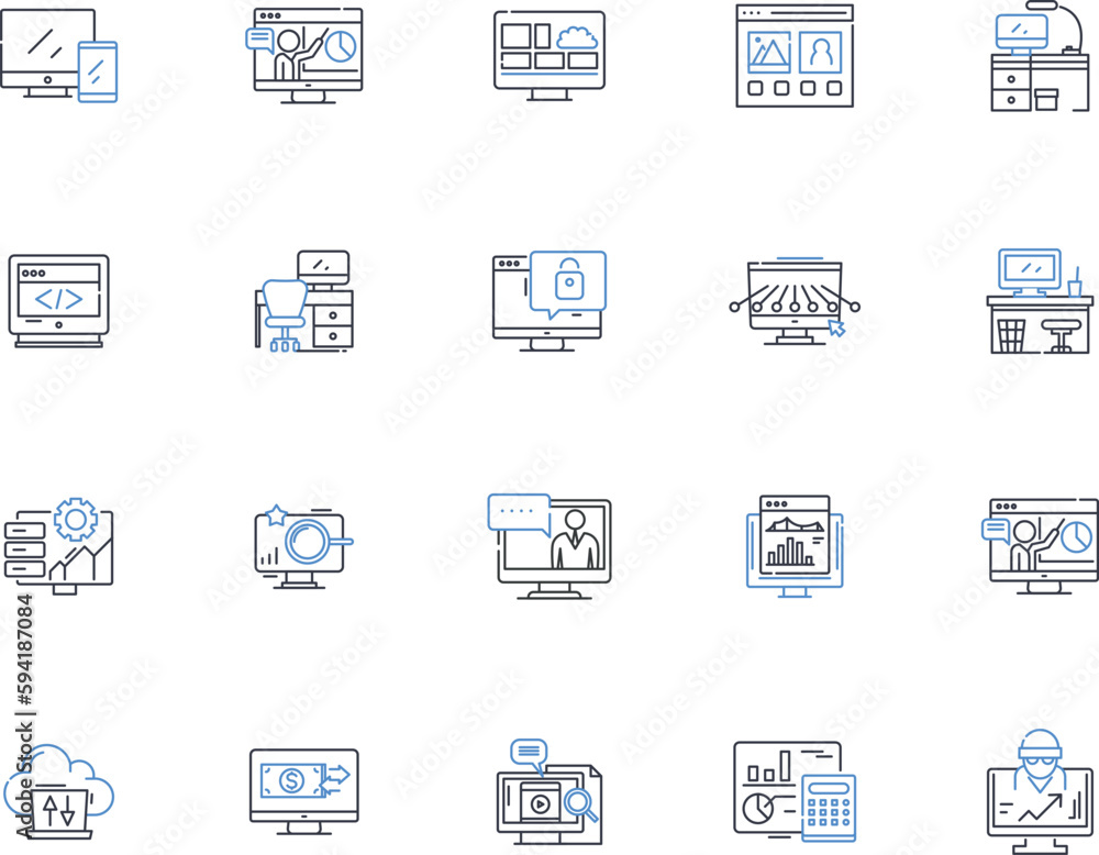 Cloud data line icons collection. Storage, Backup, Security, Accessibility, Scalability, Efficiency, Reliability vector and linear illustration. Integration,Collaboration,Flexibility outline signs set