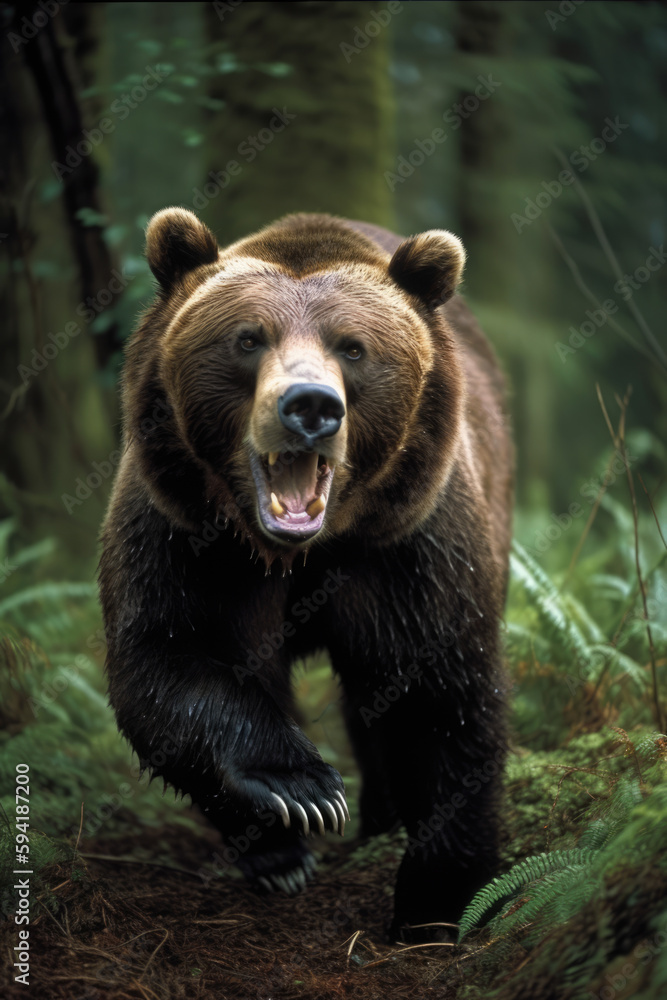 Brown bear in the wild. Kamchatka Forest. Wild Grizzle bear roaring aggressively running towards camera generative ai