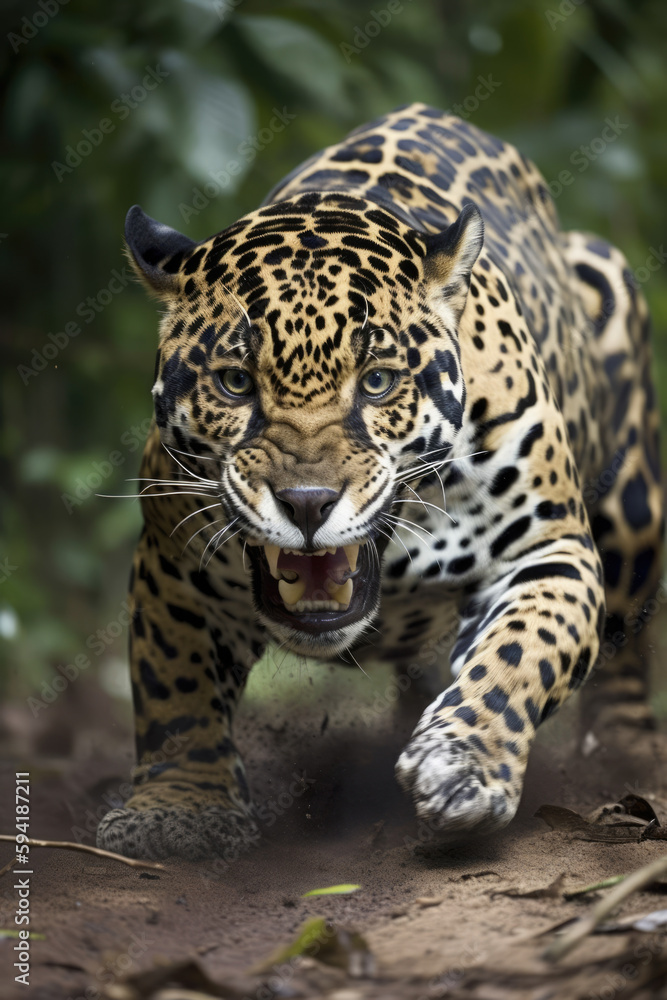 Obraz premium Wild Jaguar panthera roaring aggressively. Jungle forest running generative ai