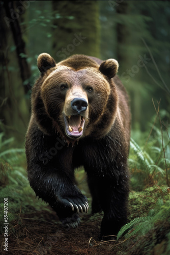 Brown bear in the wild. Kamchatka Forest. Wild Grizzle bear roaring aggressively running towards camera generative ai © Roman