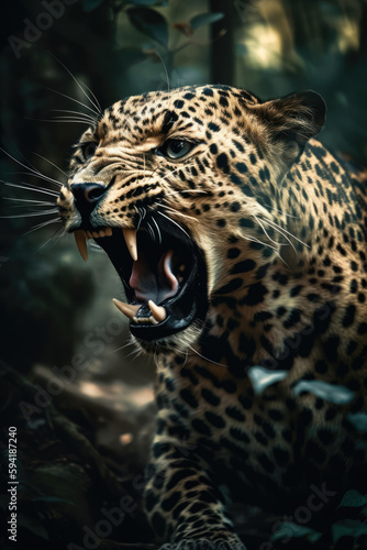 Wild Leopard panthera roaring aggressively. Jungle forest running generative ai
