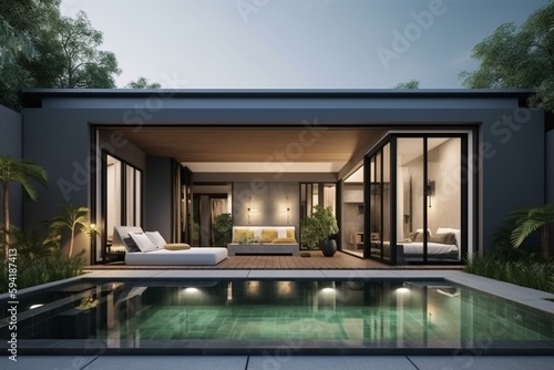 Exterior and interior design of tropical pool villa with green garden and bedroom view3 generative AI © Joseph