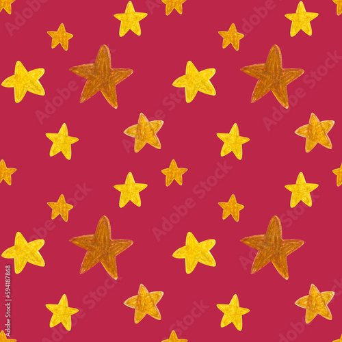 Hand drawn golden stars pattern on Viva Magenta background. For fabric  sketchbook  wallpaper  wrapping paper.