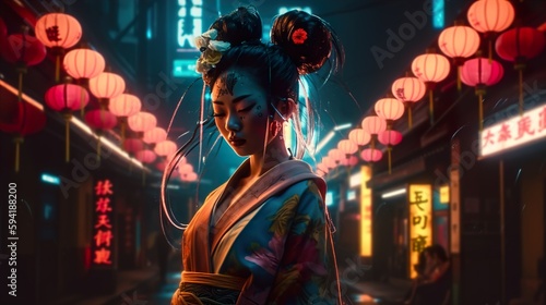 Generative Ai  woman dressed as a geisha in a cyberpunk-style Japanese street