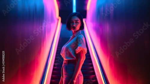 Generative Ai, emale model posing on a staircase, with bright neon lights illuminating the scene. © DMegias