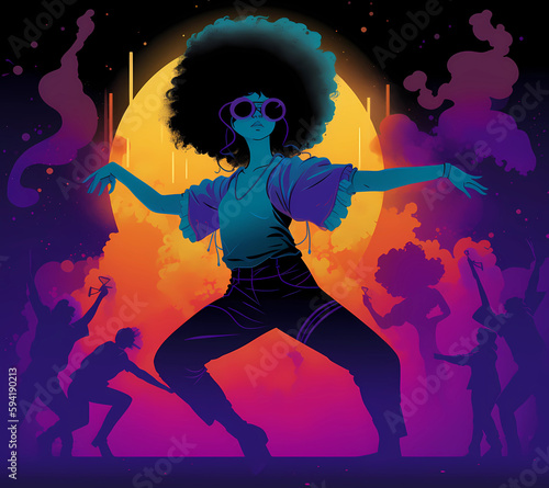 Cosmic Afro-Dance Party - Showcasing stylish movements of cyberpunk dancer in a colorful, retro 90's anime-inspired nightclub setting, with a minimalist zen brush art silhouette. By Generative AI