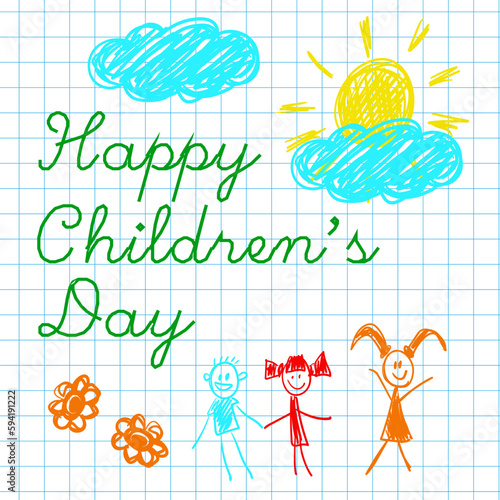 Poster with notebook paper and cute doodle drawing of happy kids and precepts to celebrate Children s Day.