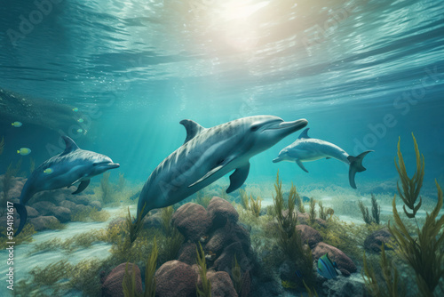 A pod of playful bottlenose dolphins gracefully swim through the ocean on World Oceans Day, reminding us of the need for conservation and preservation of our precious aquatic wildlife. AI Generative © sorapop