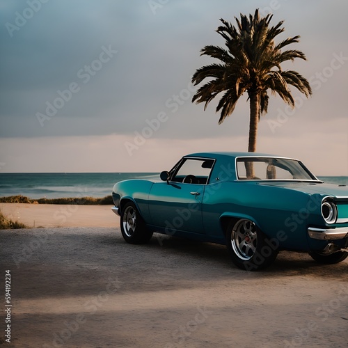 vintage style photo of a muscle car and the beach in the background © High dimension