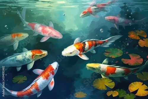 koi fish in water with Lotus Flower colorful beautiful, generative AI