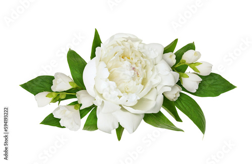 Jasmine (Philadelphus) and peony flowers and leaves in a floral arrangement isolated on white or transparent background © Ortis