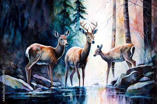group of deer standing on the lake forest. Illustration design. © oksa_studio