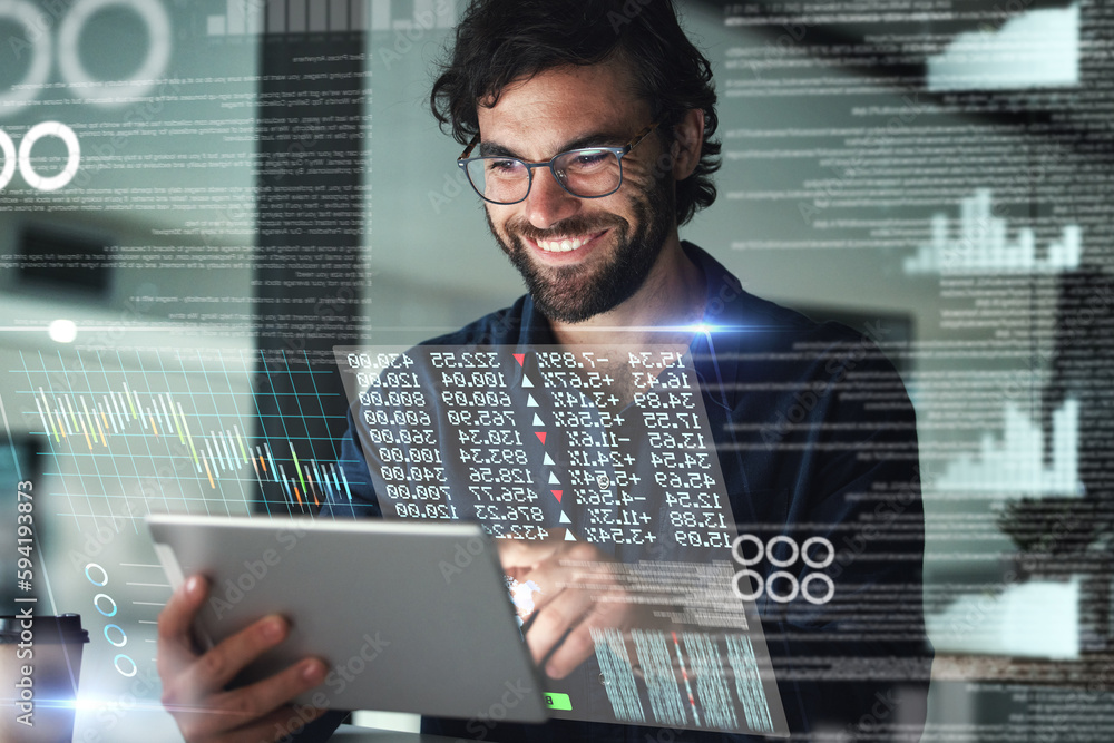 Fototapeta premium Business man, stock market and tablet hologram with digital overlay for tech, statistics or data. 3d, augmented reality and happy person with touchscreen for futuristic trading, finance or investment