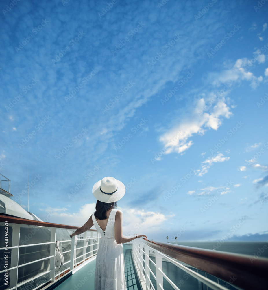 Cruise holiday, elegant woman portrait smiling on cruise ship deck, copy space on blue sky. Generative AI - obrazy, fototapety, plakaty 