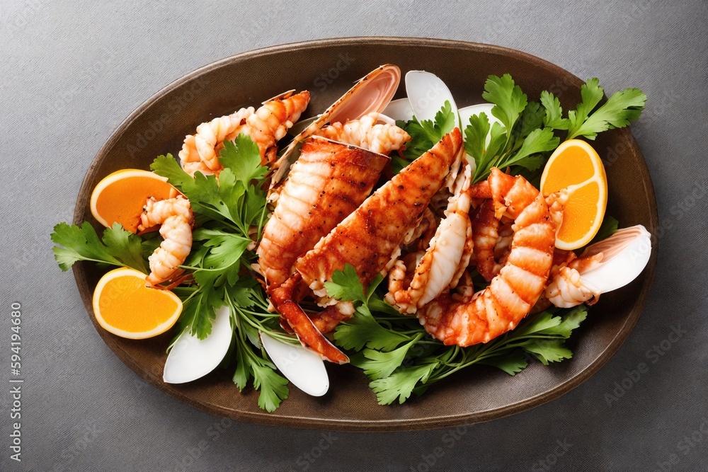 Plate with king prawns, orange and parsley on grey background.