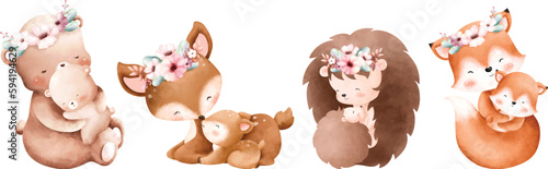 Watercolor illustration set of Mom and baby animal with flower wreath