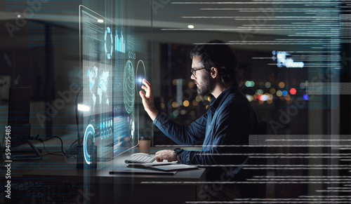 Computer, hologram and touchscreen of business man with data analysis, digital coding and programming at night. holographic, software overlay of IT person, information technology research and desktop