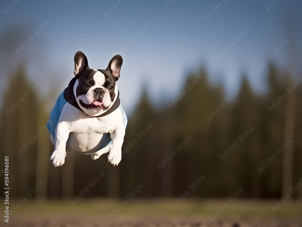 Running and jumping bulldog with blue color cloth.
