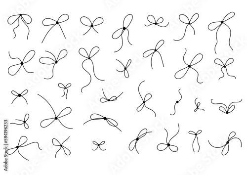 Bow on gift ribbon string vector silhouette icon set. Black line art rope cord with knot and bow for holiday christmas package decoration. 