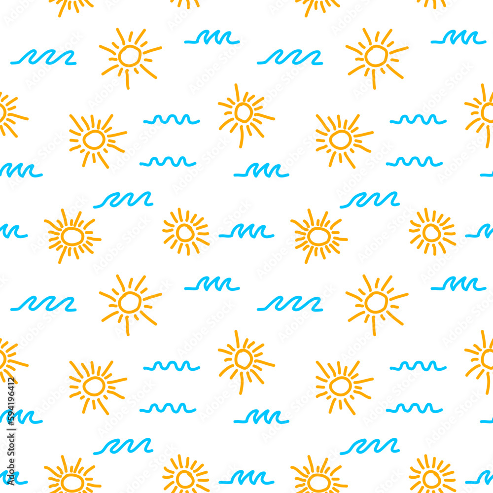 Sun and sea waves doodle seamless pattern Sun and sea waves doodle seamless pattern
