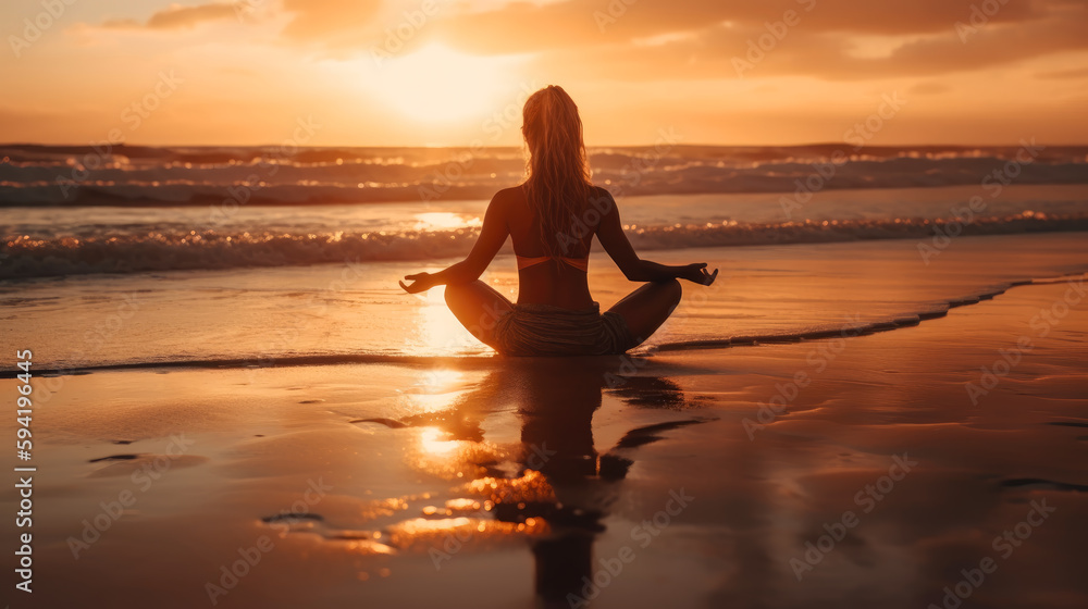 Woman practicing yoga on the beach at sunset. generative ai.