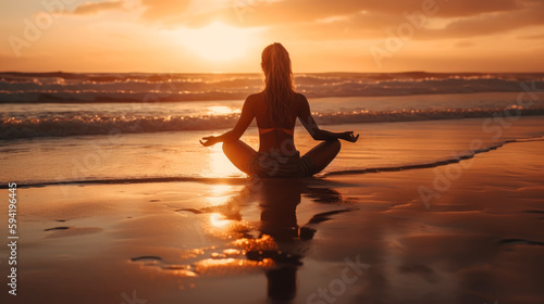 Woman practicing yoga on the beach at sunset. generative ai. © jozefklopacka