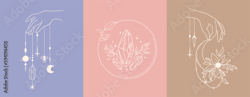 Mysticism vector clip art kit, Celestial logo template, Flower moon and witches hands symbols or icons, mystical cosmic floral moon and crystals isolated illustrations pack
